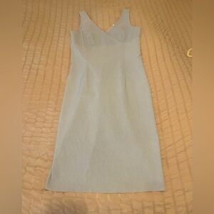 Light Blue - Faux Linen Texture - Good Stretch - Empire Faux Wrap Neck Sundress